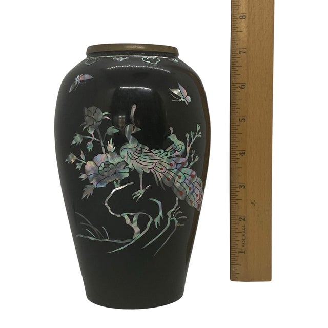 1970’s Peacock Design Black Vase Mother of Pearl Abalone Mosaic Enamel Over Brass For Sale - Image 10 of 12