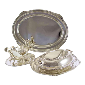 1970’s Vintage/New Silverplate Entree Dish & Cover With Platters Sauce/ Boat & Tray With Jubilee, Patented Applied Border- 4 Pieces