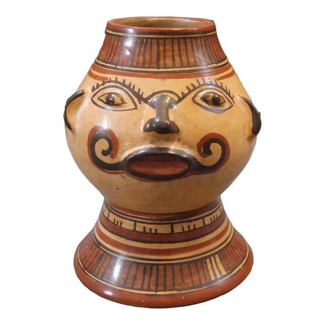 Vintage Mid 20th Century Costa Rican Pre-Columbian Style Nicoya Pottery Pataky Polychrome Anthropomorphic Head Footed Effigy Vessel For Sale