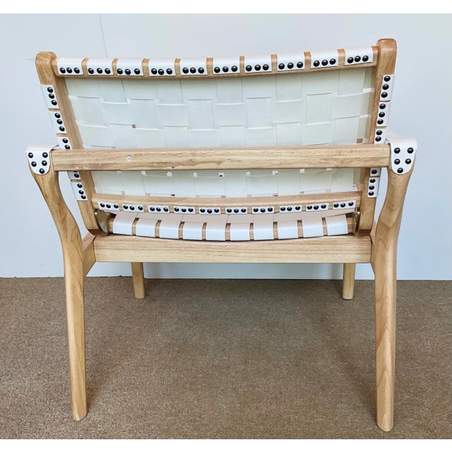 Stylish Organic. Modern White Vinyl Straps Natural Wood Lounge Chair, showroom floor sample