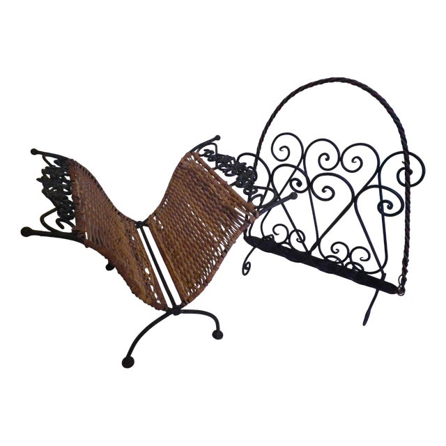 Magazine Racks in Wrought Iron, Wicker and Twisted Wire, France, 1960s-1970s, Set of 2 For Sale
