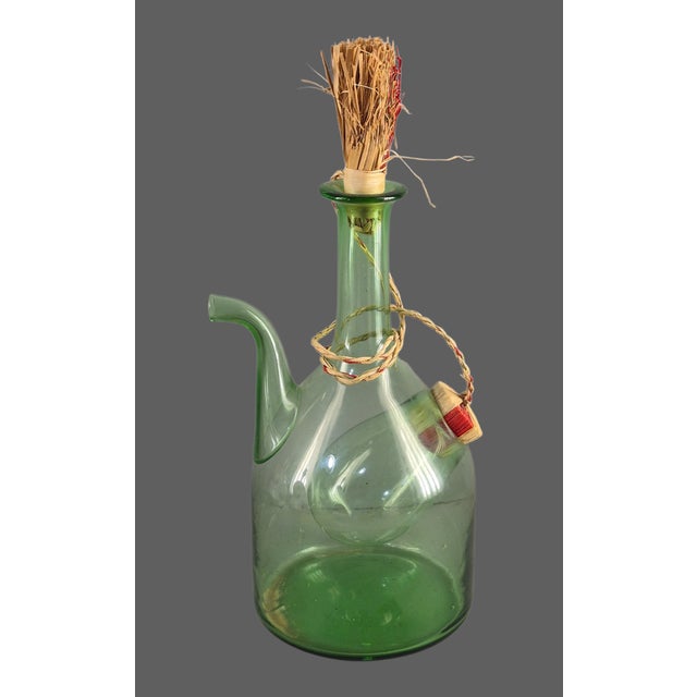 Vintage Hand Blown Italian Green Glass Wine Decanter Ice Chamber Raffia Stopper For Sale - Image 4 of 9