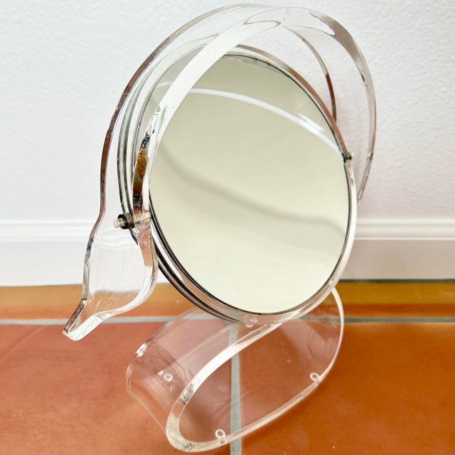 1970s Mid Century Modern Lucite Acrylic Swan Vanity Magnifying Mirror Vintage MCM For Sale - Image 5 of 7