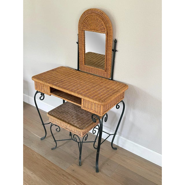 Wood Boho 1960's Rattan & Wrought Iron Vanity With Mirror & Bench - Set of 3 For Sale - Image 7 of 12
