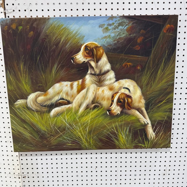 This stunning original oil painting features two detailed hunting dogs (English/Irish Setter or Spaniel style) resting...