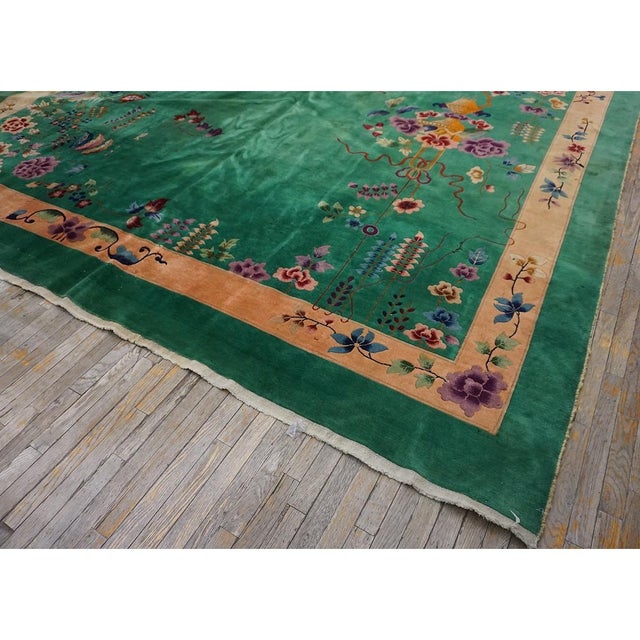 1920s Antique Large Room Size Chinese Hand Knotted Pile Green Field Art Deco Rug For Sale - Image 4 of 6