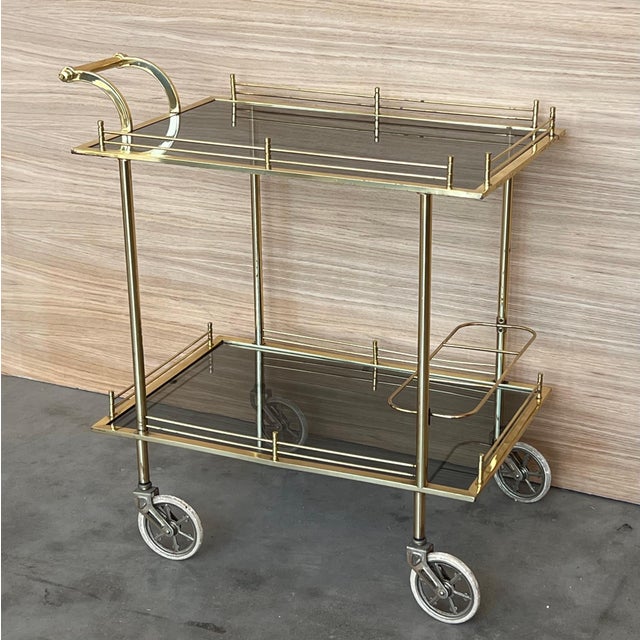 Mid 20th Century Art Deco Brass Dry Bar Cart with Smoked Two Tier Glass For Sale - Image 18 of 18