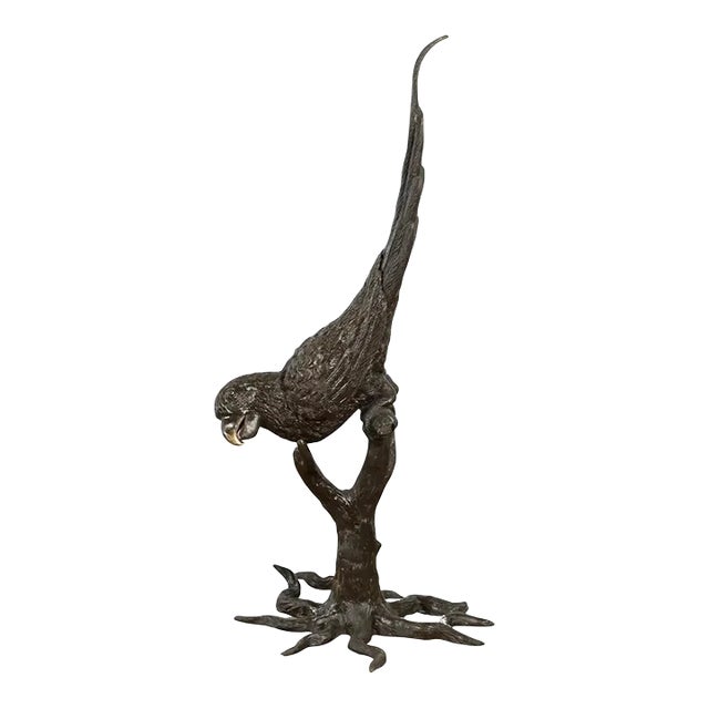 Contemporary Bronze Statue of a Parrot Perched on a Branch and Leaning Down, with Dark Patina For Sale
