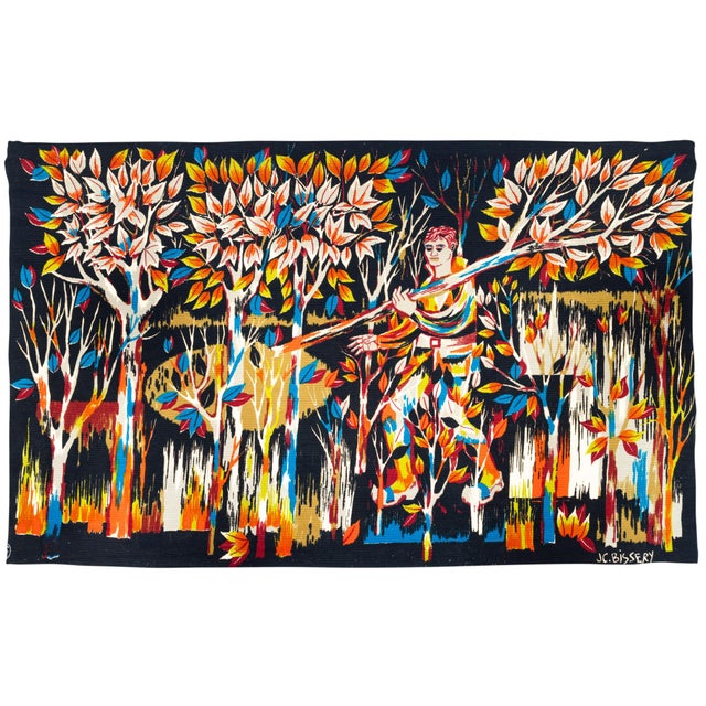 A rare 3x5 French tapestry dating to circa 1950–1960, after Jean-Claude Bissery’s The Woodman. Manufactured by Robert Four...