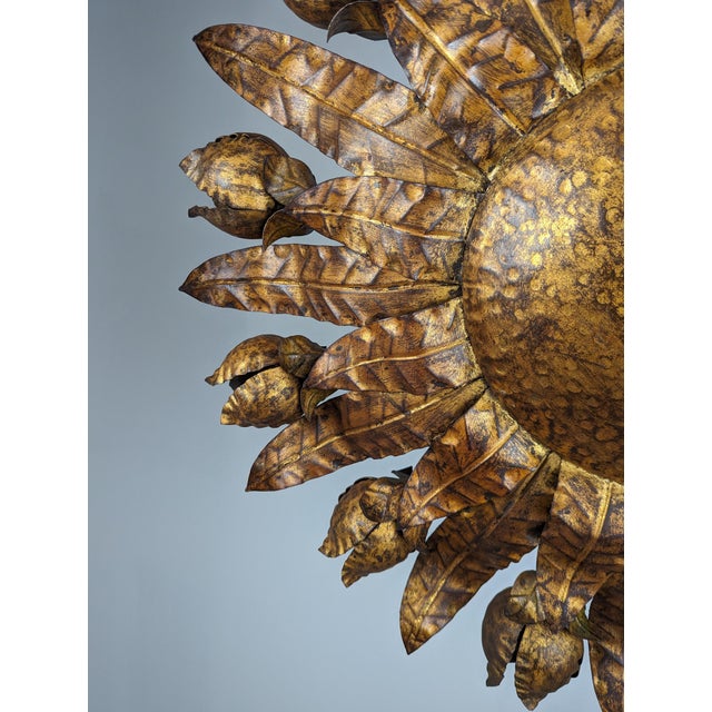 Large Mid-Century Gilt Metal Sunburst Ceiling Lamp with Floral Motif, 1950s For Sale - Image 10 of 14