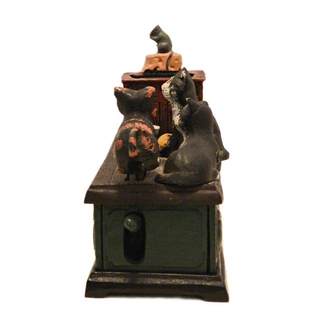 Green Vintage-Style Cast Iron Mechanical "Cat and Mouse" Coin Bank - Whimsical Folk Art For Sale - Image 8 of 10