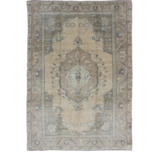 Vintage Turkish Oushak Rug With Medallion in Cream Background, Gray Green & Camel For Sale