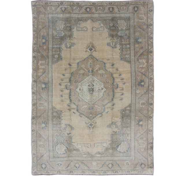 Vintage Turkish Oushak Rug With Medallion in Cream Background, Gray Green & Camel For Sale