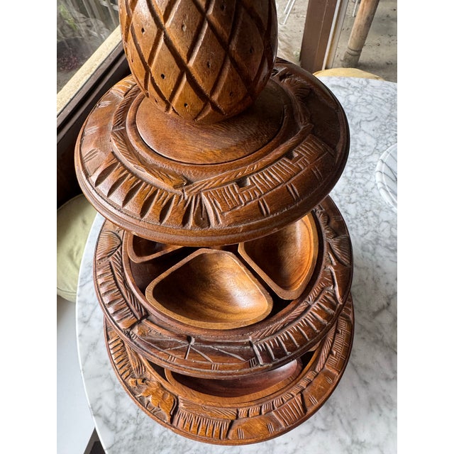 Vintage Hand-Carved, Three-Tiered Monkey Pod Wood Lazy Susan Serving Tray For Sale In Los Angeles - Image 6 of 7