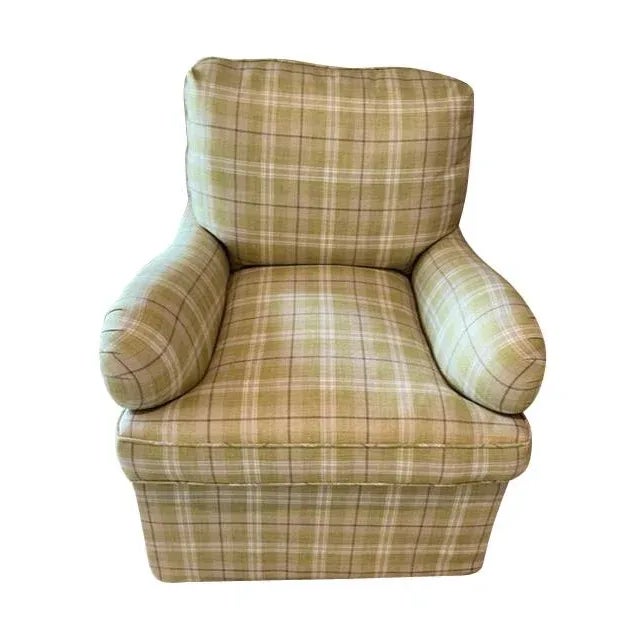 The club chair features sloped arms with detached seat and back cushions and tailored skirt. Deep seating provides great...