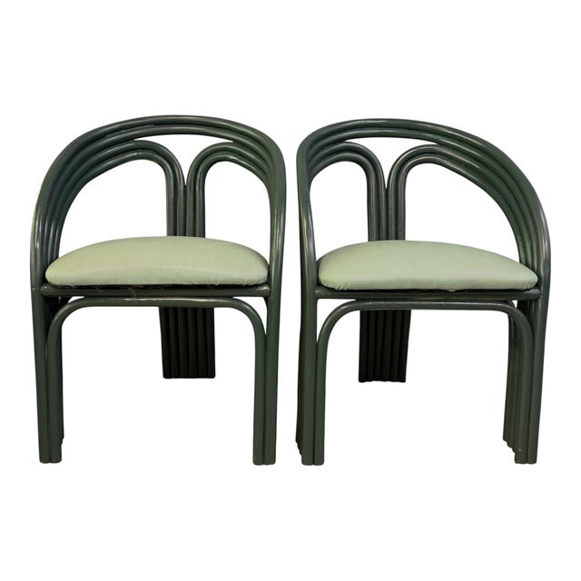 Postmodern Set of 6 Postmodern Green Bent Rattan Dining Chair in the Style of Axel Enthoven For Sale - Image 3 of 13