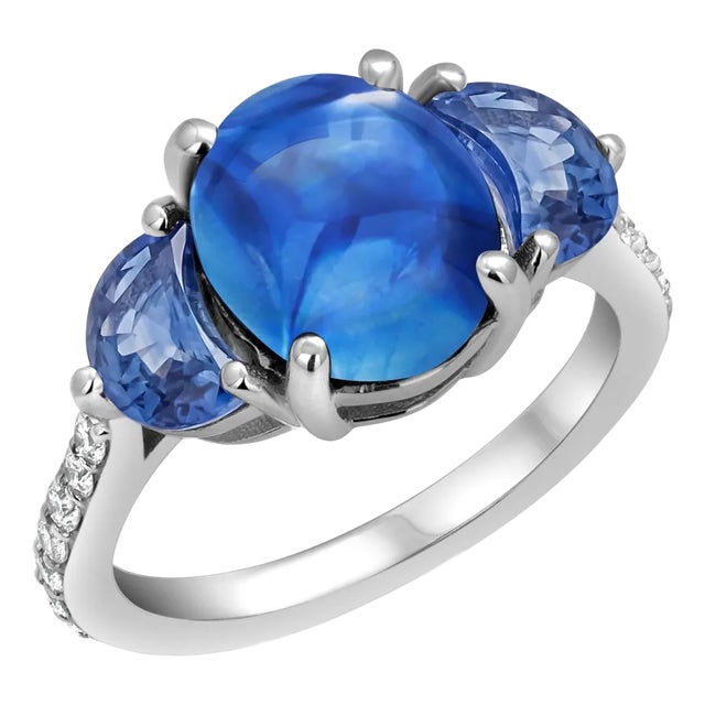 18 Karat Gold 7.37 Ceylon Cabochon Sapphire Half Moon Sapphire Diamond Ring Size 6 For Sale