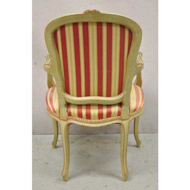 Vintage French Louis XV Style Green & Pink Painted Arm Chair W/ Striped Fabric For Sale - Image 10 of 12