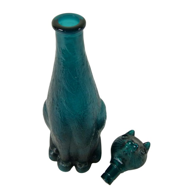 Empoli 1960s Empoli Glass Cat Decanter Mid Century Modern Italian Teal Blue Art Glass Bottle With Stopper Retro Barware Decor For Sale - Image 4 of 7
