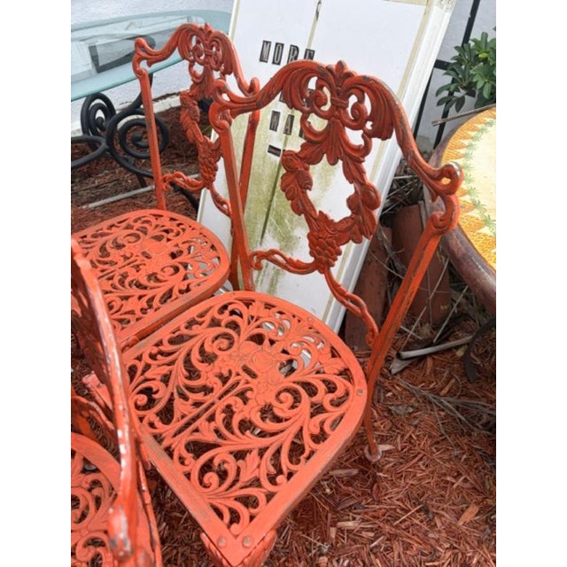 Metal Set of 4 Vintage Orange Iron Garden Patio Chairs For Sale - Image 7 of 10