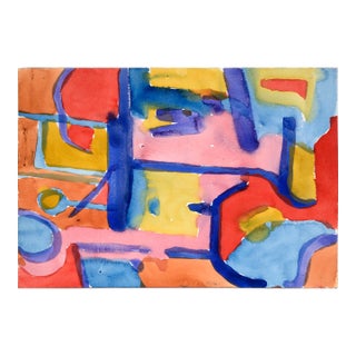 Blue, Pink & Red Abstract in Watercolor on Paper by Les Anderson For Sale
