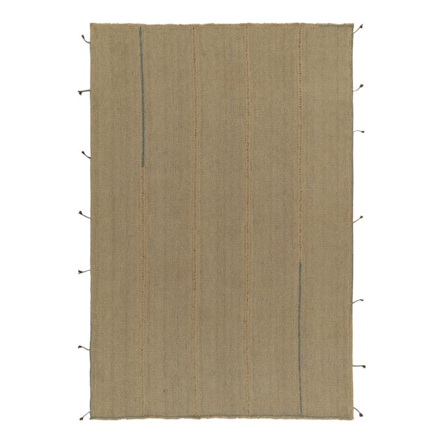 Rug & Kilim’s Contemporary Kilim in Sandy Solid Beige-Brown With Blue Accents For Sale