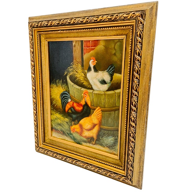 Late 20th Century Framed Rustic Chickens & Rooster Trio in Barnyard Oil Painting For Sale - Image 4 of 8