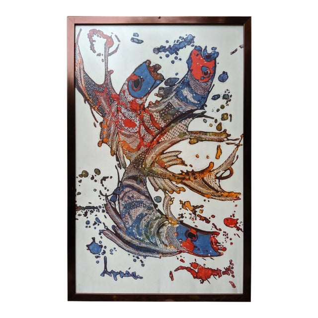 Vintage Silkscreen Asian Koi Fish Abstract Artwork For Sale
