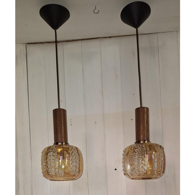 Vintage Ceiling Lamps with Tinted Relief Glass Shades on Oak Mounts, 1970s, Set of 2 For Sale - Image 6 of 7