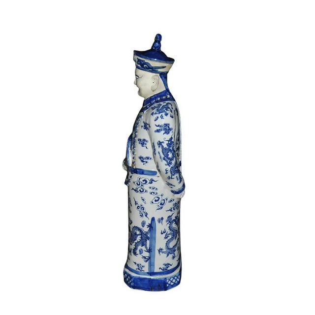 Blue 1940s Blue White Statuette of Chinese Figure With Dragon Traditional Robe and Character Reign For Sale - Image 8 of 13