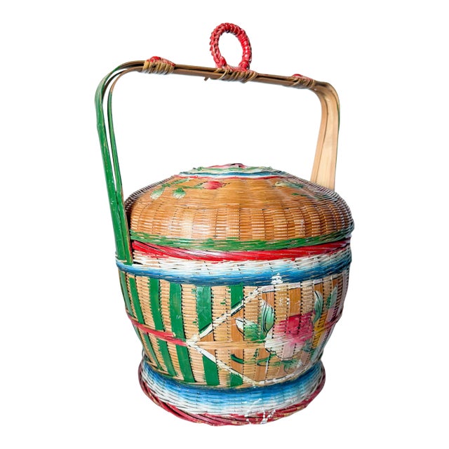 Vintage Folk Art Chinese Wedding Basket, Hand Painted For Sale
