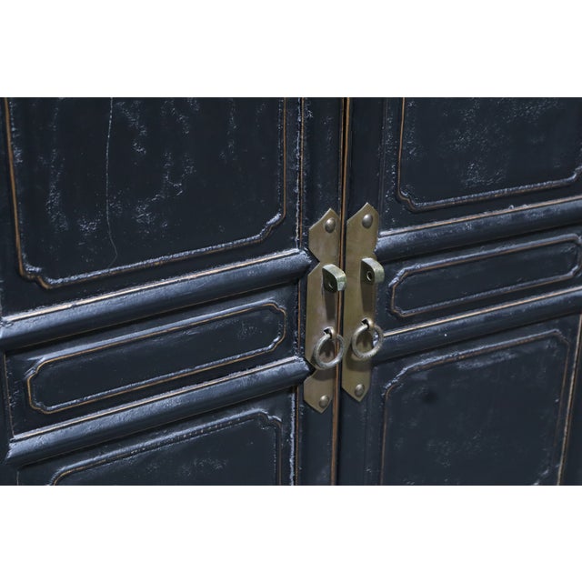 Black Black Asian Inspired Entertainment Cover Piece With Hollow Back and Accordion Doors For Sale - Image 8 of 9