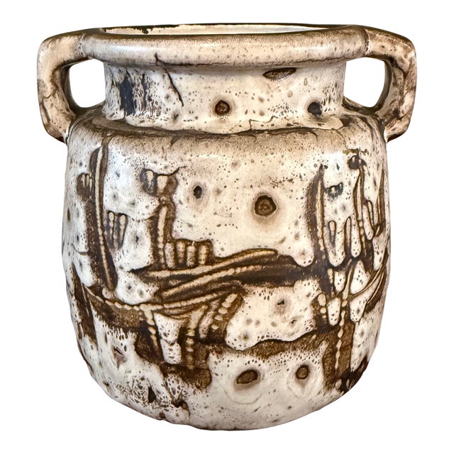 Mid 20th Century Brutalist Japanese Handled Art Pottery Vase For Sale