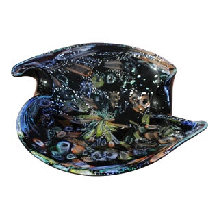 Vintage Black Murano Attributed Glass Centerpiece Bowl With Pastel Tutti Frutti Pieces and Silver Foil For Sale