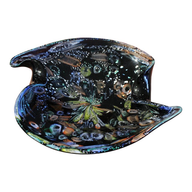 Vintage Black Murano Attributed Glass Centerpiece Bowl With Pastel Tutti Frutti Pieces and Silver Foil For Sale
