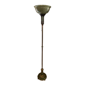 Antique Art Deco Torchiere Floor Lamp With Etched Green Glass, With Brass and Onyx.