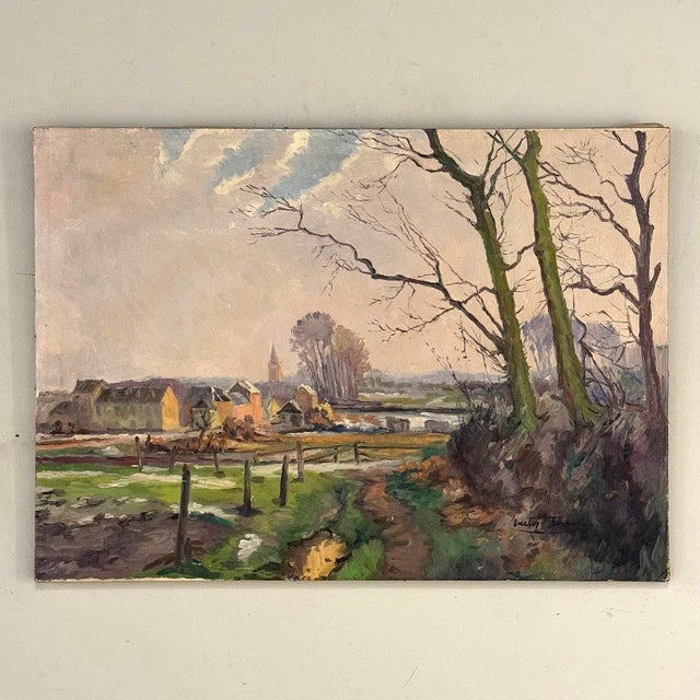 Antique Oil Painting on Canvas by Victor Fermans 'Winter Village Landscape' For Sale In Dallas - Image 6 of 16