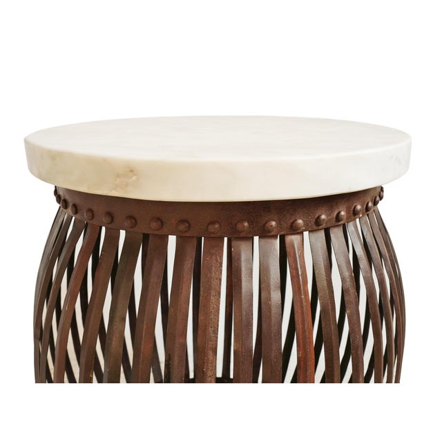 White Marble Iron Strap Barrel Side Table | Chairish