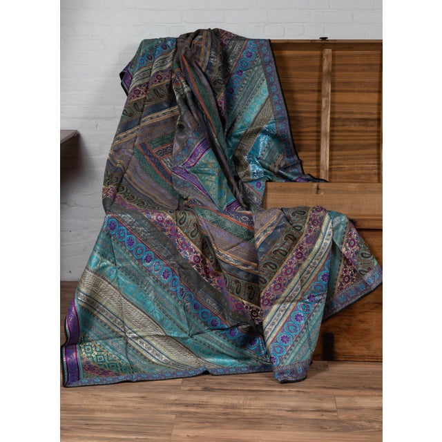 Textile Mid 20th Century Indian Turquoise, Violet & Gold Silk Embroidered Fabric For Sale - Image 7 of 12
