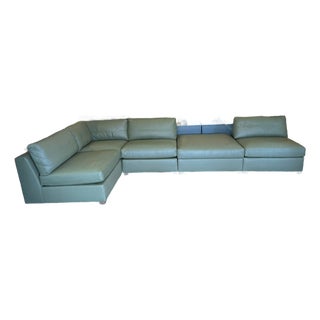 Fitzgerald Modular Teal Leather Sofa With Storage Ottoman, Set For Sale