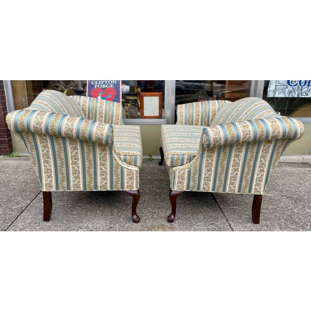 This is a very sweet and comfy pair of sofas or loveseats with stylish blue and white floral striped upholstery, classic...