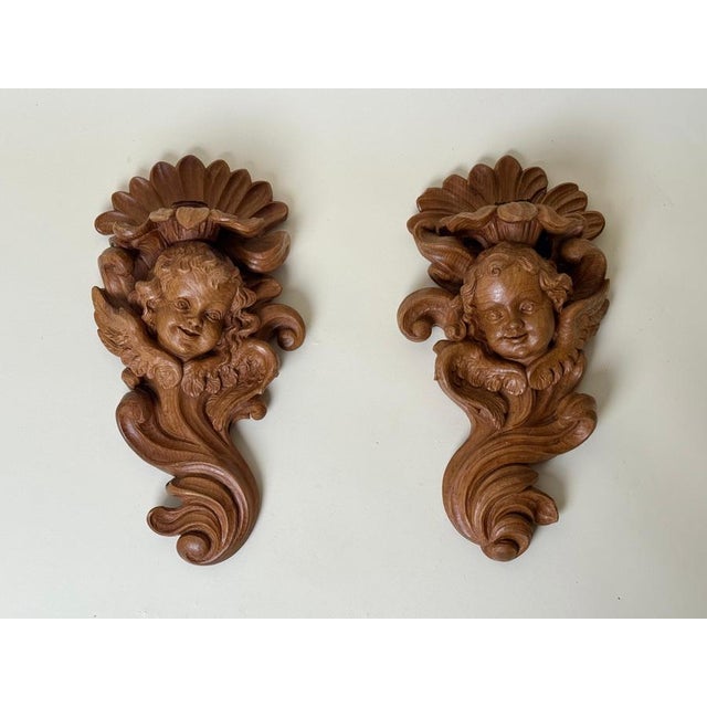 Brown European Alpine Baroque Style Hand-Carved Cherub Wall Sconces in Spruce, 1970, Set of 2 For Sale - Image 8 of 18