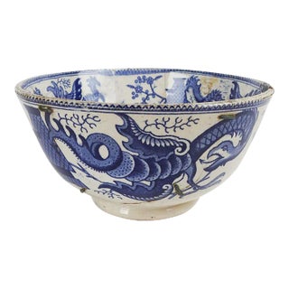 Antique Chinoiserie Blue Transferware Dragon Bowl Stapled For Sale