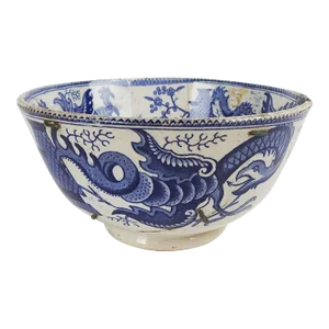 Antique Chinoiserie Blue Transferware Dragon Bowl Stapled