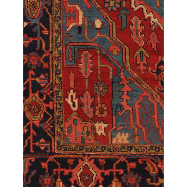 Antique Persian Serapi Carpet Handmade Wool Oriental Rug, Red, Ivory, Light Blue For Sale - Image 16 of 18