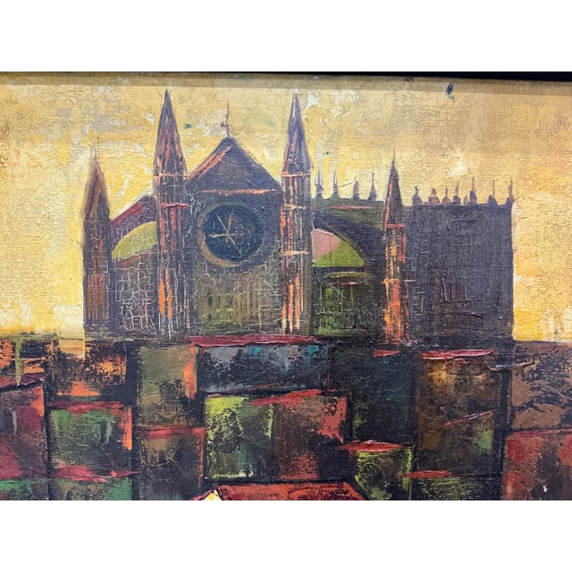 Vibrant oil on canvas painting depicting a Palma de Mallorca cityscape with beautiful Mallorca Cathedral. Rich...
