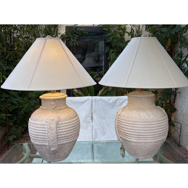 1980's Postmodern Plaster Rope and Handles Table Lamps With Shades, a Pair For Sale - Image 4 of 9