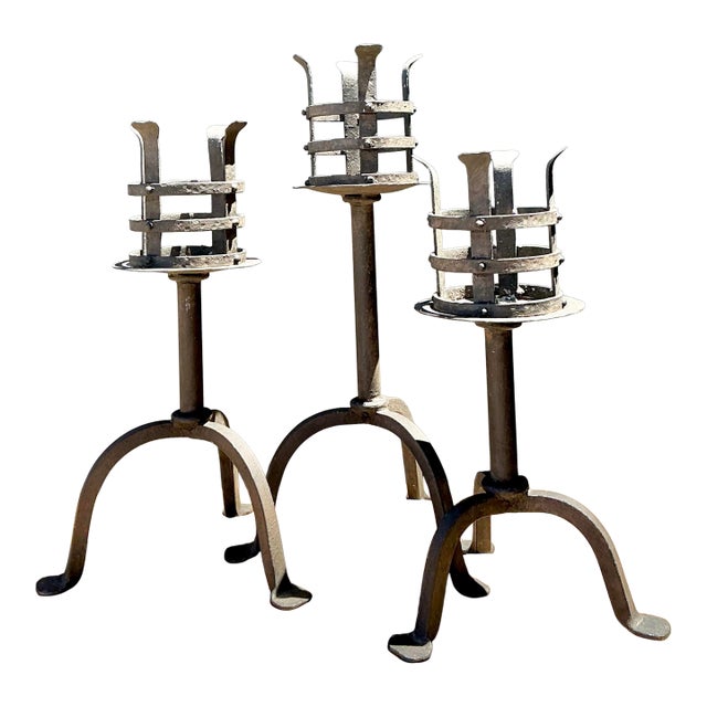 Vintage Hammered Wrought Iron Cage Candlesticks - Set of 3 For Sale