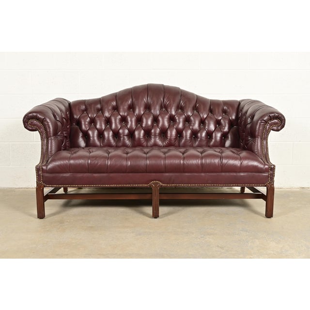 Vintage Chippendale Tufted Oxblood Leather Camelback Chesterfield Sofa by North Hickory Furniture For Sale - Image 11 of 11