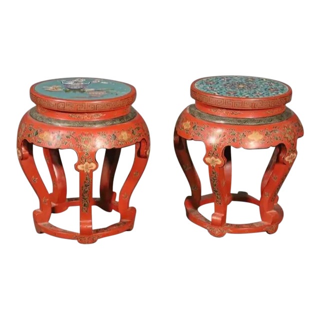Cloisonné Stool or Plant Stands - Hand Painted, a Pair For Sale